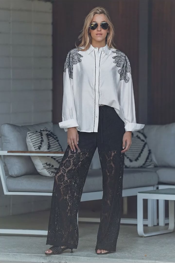 Embroidered Leaf Shoulder Tencel Shirt