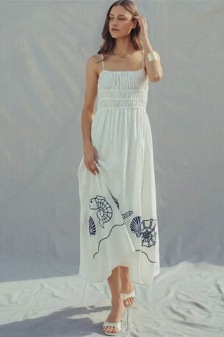 Seashell Embroidered Linen Blend Smocked Dress