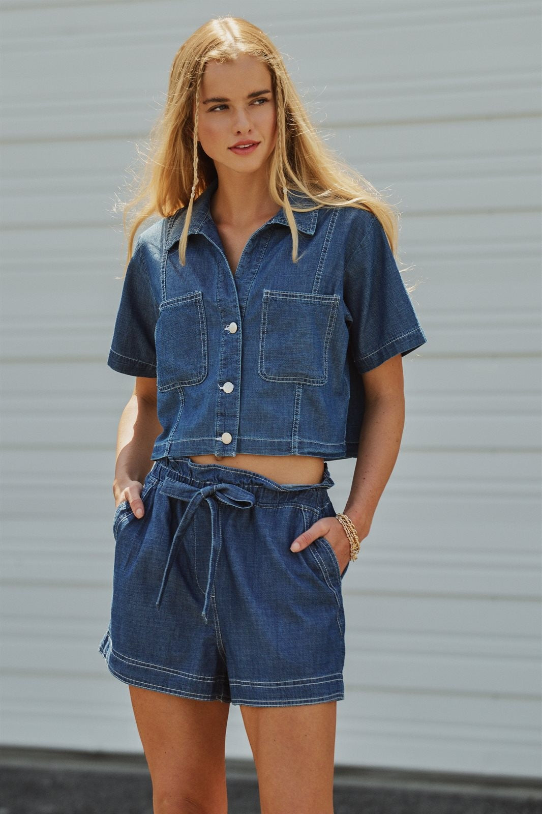 Chambray Denim Cropped Button Up Top with Utility Pockets in Dark Denim - Women's Blankets | Urban Daizy