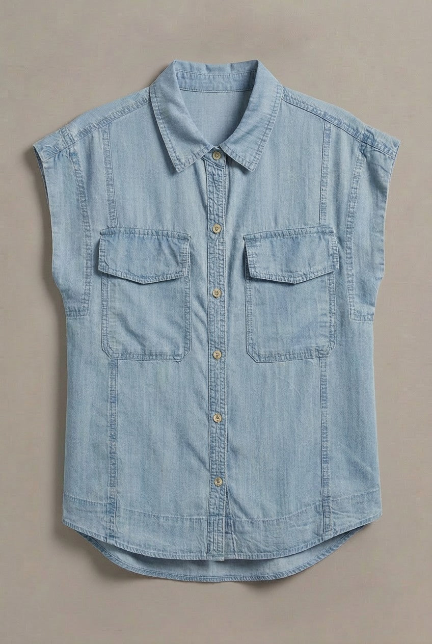 Sleeveless Tencel Denim Button-Front Shirt in Lt Blue - Women's Blankets | Urban Daizy
