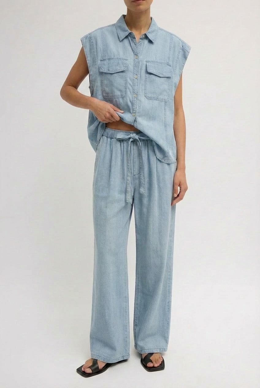 Sleeveless Tencel Denim Button-Front Shirt in Lt Blue - Women's Blankets | Urban Daizy