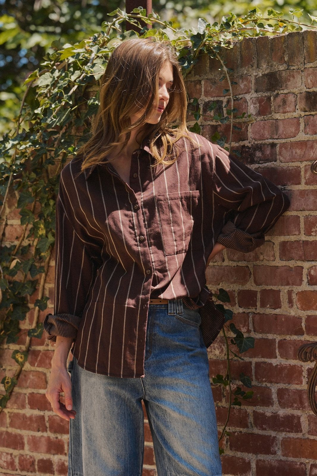 Oversized Striped Cotton Button Down Shirt in Brown - Women's Shirts & Blouses | Urban Daizy