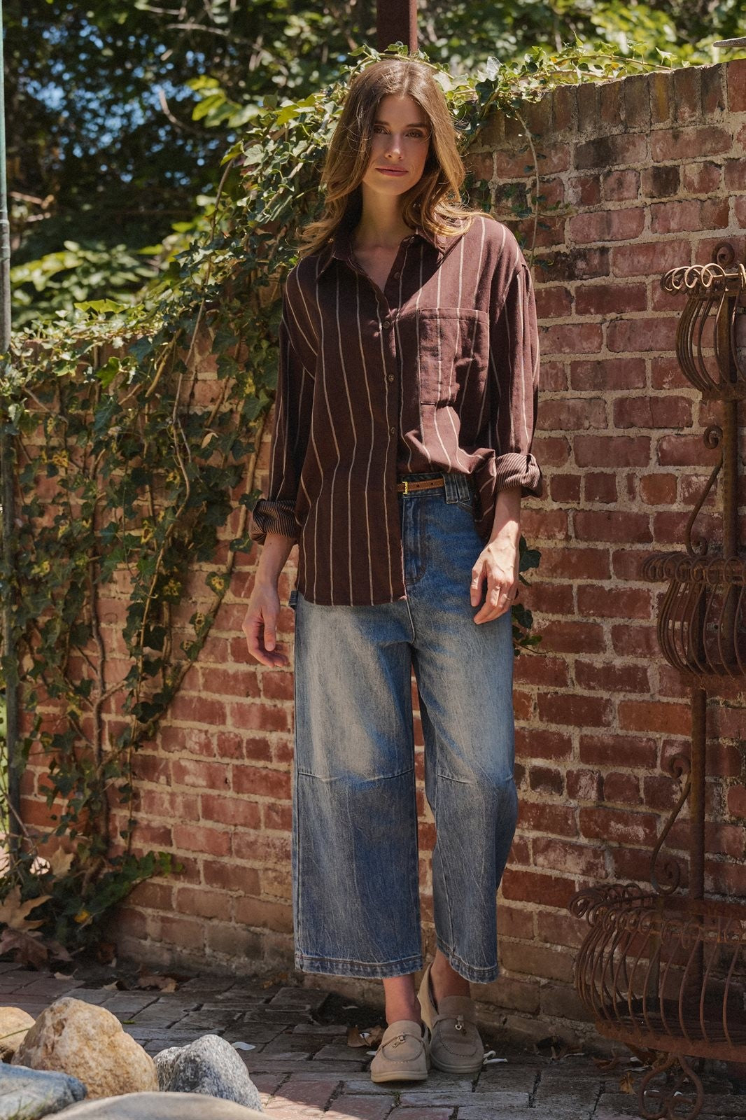 Oversized Striped Cotton Button Down Shirt in Brown - Women's Shirts & Blouses | Urban Daizy