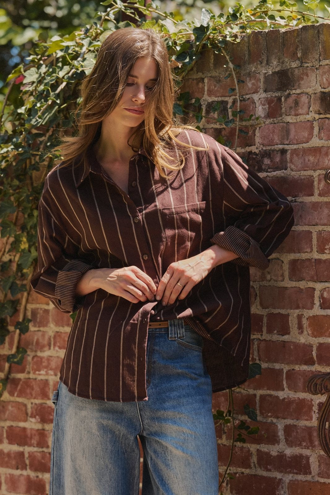 Oversized Striped Cotton Button Down Shirt in Brown - Women's Shirts & Blouses | Urban Daizy