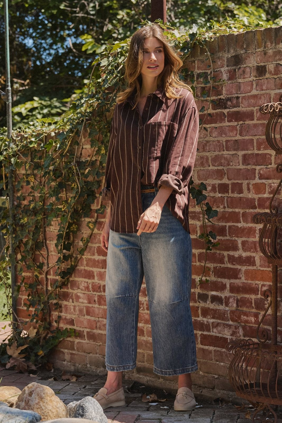Oversized Striped Cotton Button Down Shirt in Brown - Women's Shirts & Blouses | Urban Daizy