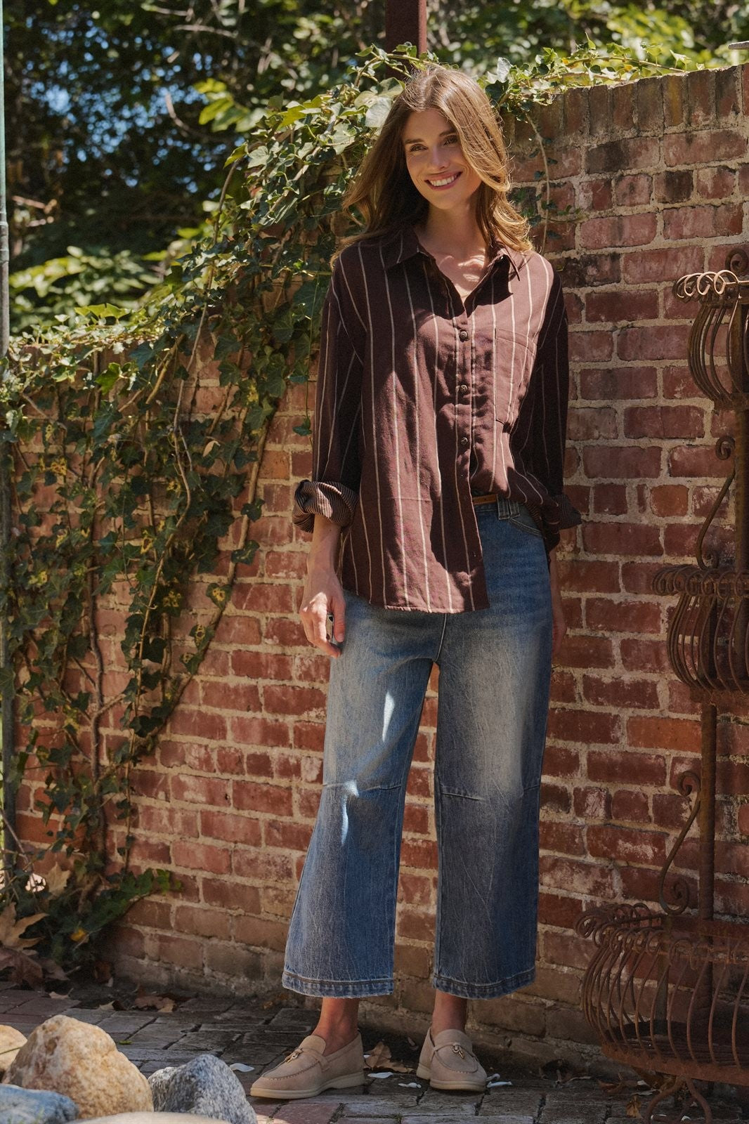 Oversized Striped Cotton Button Down Shirt in Brown - Women's Shirts & Blouses | Urban Daizy