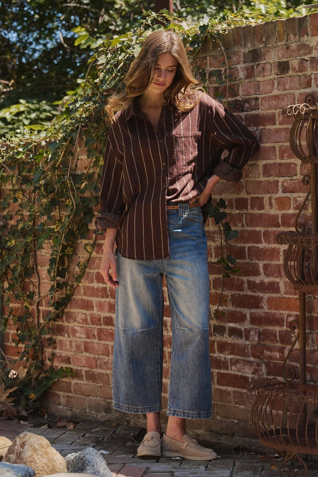 Oversized Striped Cotton Button Down Shirt in Brown - Women's Shirts & Blouses | Urban Daizy