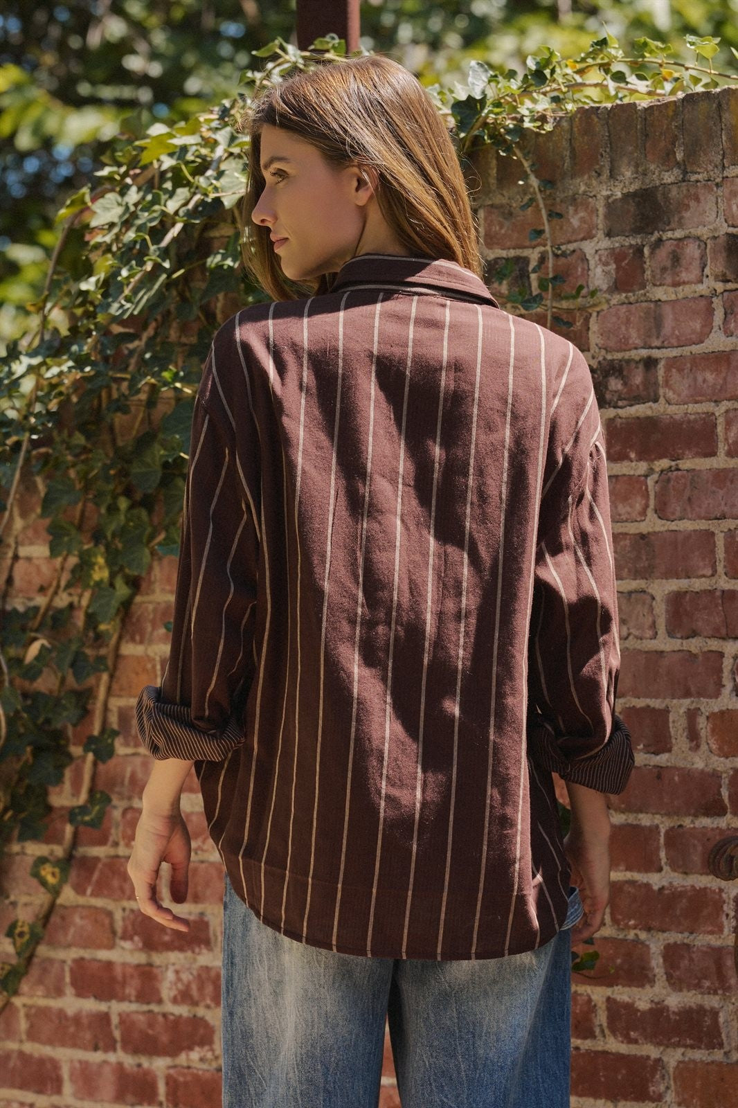 Oversized Striped Cotton Button Down Shirt in Brown - Women's Shirts & Blouses | Urban Daizy