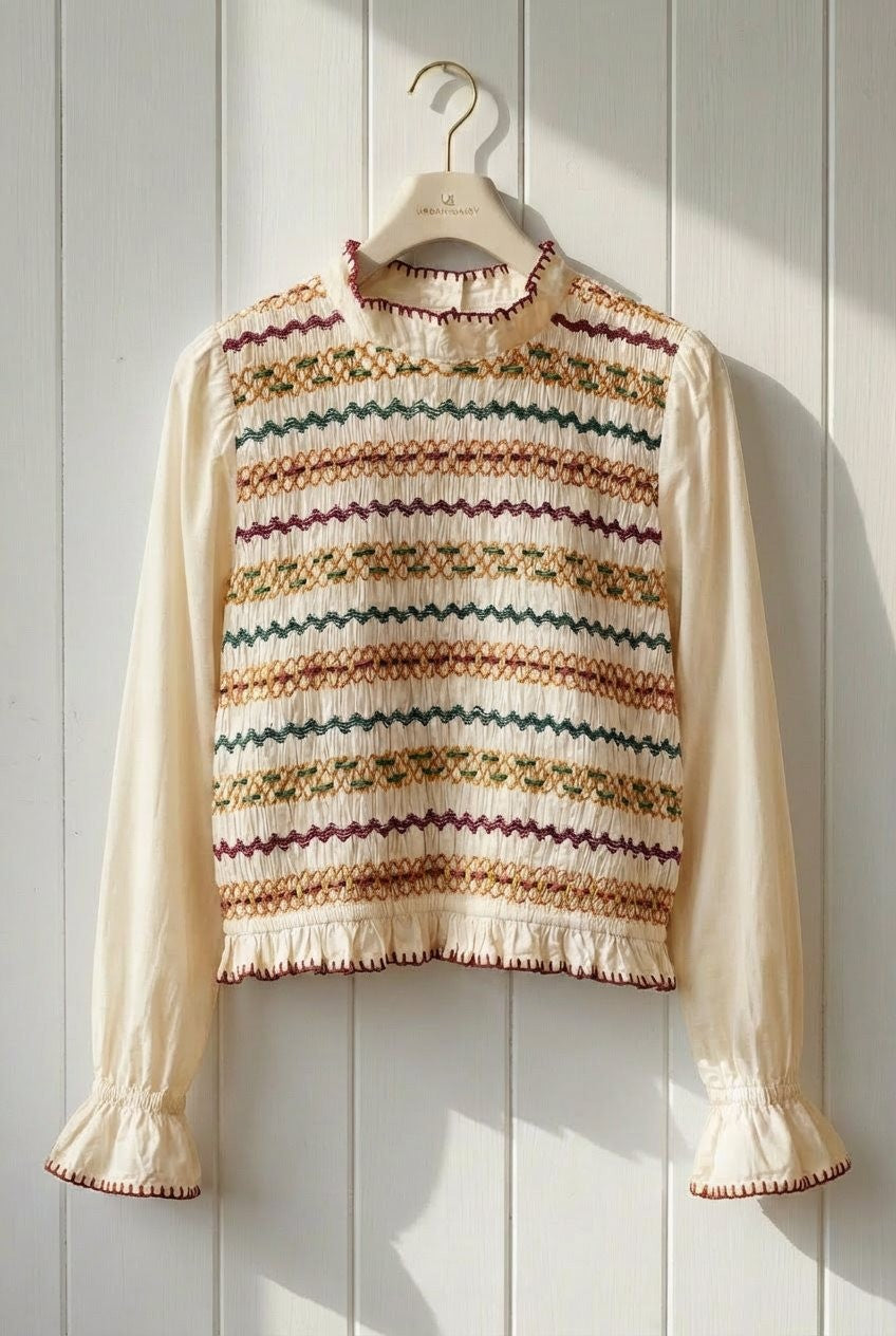 Smocked Embroidery Blouse with Ruffle Cuffs in Ecru - Women's Blankets | Urban Daizy