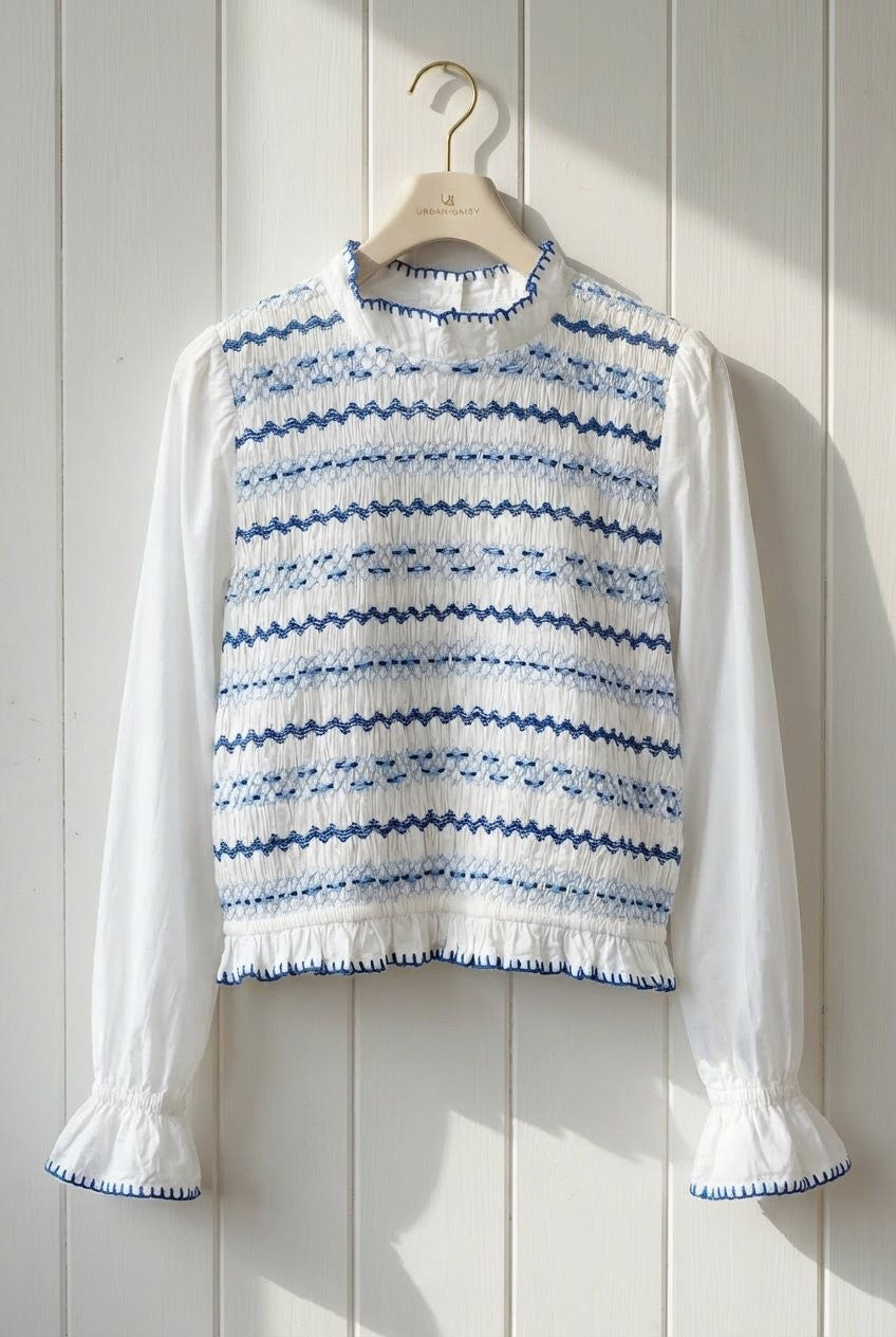 Smocked Embroidery Blouse with Ruffle Cuffs in Ivory - Women's Blankets | Urban Daizy