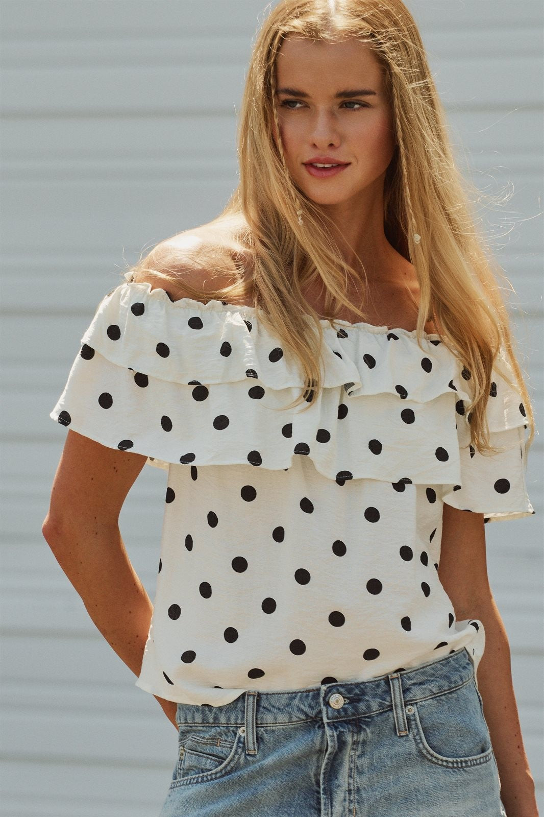 Polka Dot Off-Shoulder Ruffle Bardot Top in White - Women's Blankets | Urban Daizy