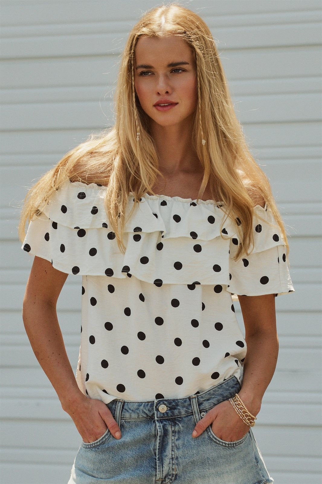 Polka Dot Off-Shoulder Ruffle Bardot Top in White - Women's Blankets | Urban Daizy