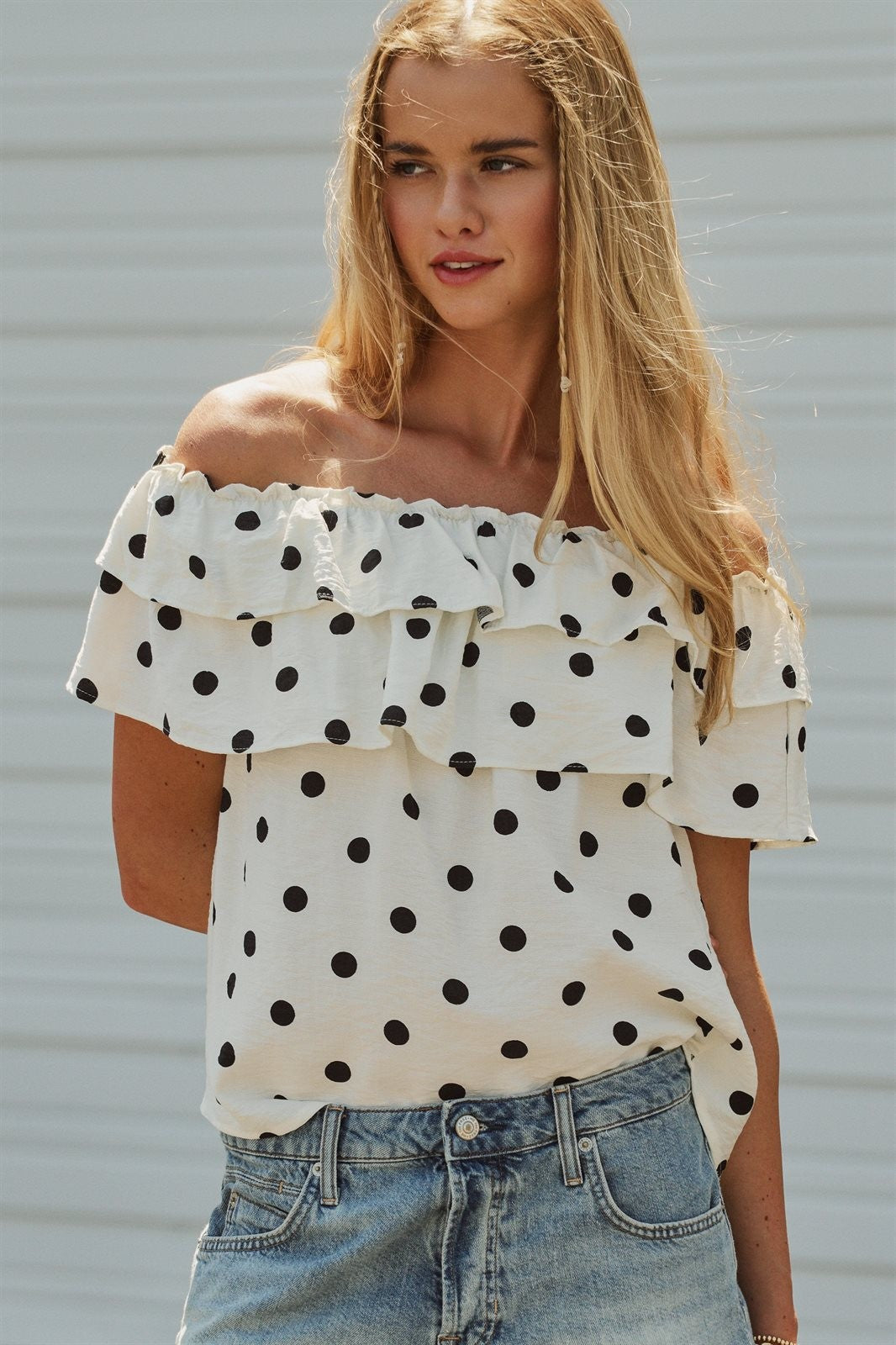 Polka Dot Off-Shoulder Ruffle Bardot Top in White - Women's Blankets | Urban Daizy