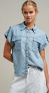 Striped Chambray Short Sleeve Button Up Shirt in Chambray - Women's Blankets | Urban Daizy