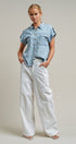 Striped Chambray Short Sleeve Button Up Shirt in Chambray - Women's Blankets | Urban Daizy