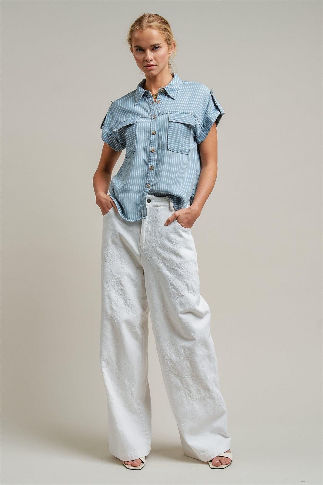 Striped Chambray Short Sleeve Button Up Shirt in Chambray - Women's Blankets | Urban Daizy
