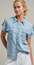 Striped Chambray Short Sleeve Button Up Shirt in Chambray - Women's Blankets | Urban Daizy