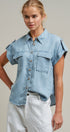 Striped Chambray Short Sleeve Button Up Shirt in Chambray - Women's Blankets | Urban Daizy