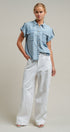 Striped Chambray Short Sleeve Button Up Shirt in Chambray - Women's Blankets | Urban Daizy