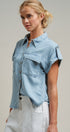 Striped Chambray Short Sleeve Button Up Shirt in Chambray - Women's Blankets | Urban Daizy