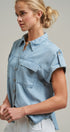 Striped Chambray Short Sleeve Button Up Shirt in Chambray - Women's Blankets | Urban Daizy