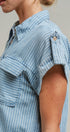 Striped Chambray Short Sleeve Button Up Shirt in Chambray - Women's Blankets | Urban Daizy