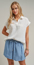 Linen Look Polo Collar Ladder Trim Short Sleeve Top in White - Women's Blankets | Urban Daizy