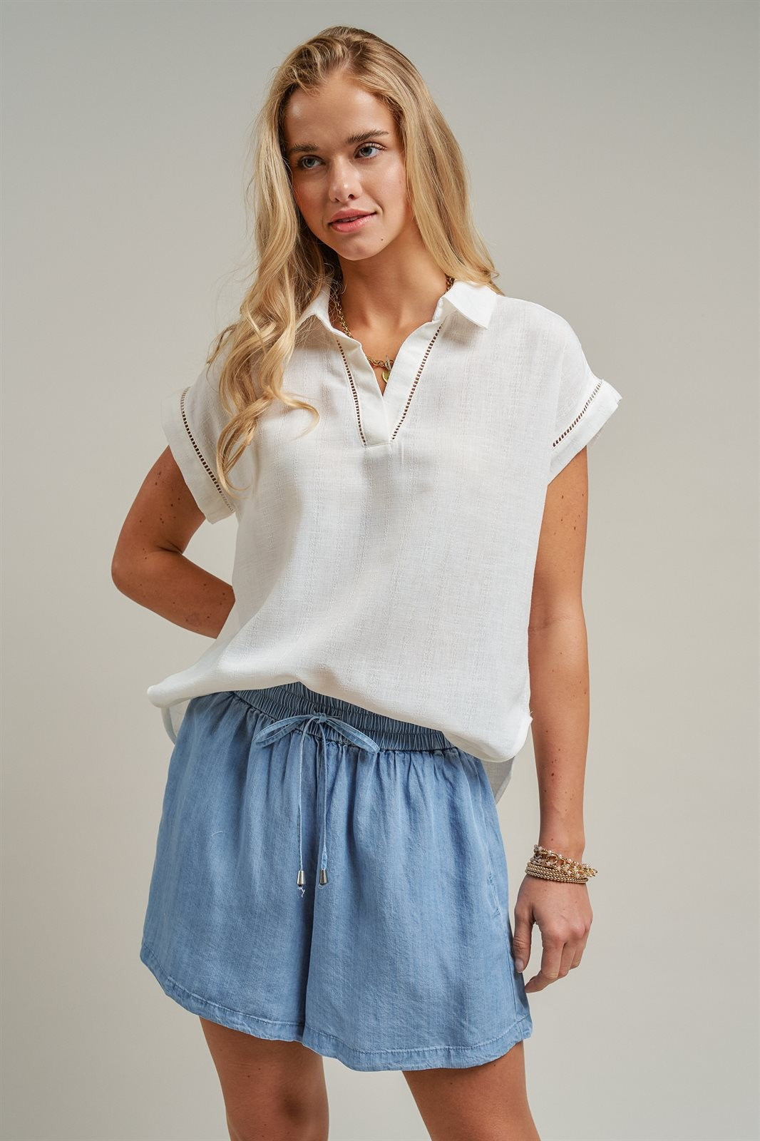 Linen Look Polo Collar Ladder Trim Short Sleeve Top in White - Women's Blankets | Urban Daizy
