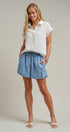 Linen Look Polo Collar Ladder Trim Short Sleeve Top in White - Women's Blankets | Urban Daizy