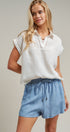 Linen Look Polo Collar Ladder Trim Short Sleeve Top in White - Women's Blankets | Urban Daizy
