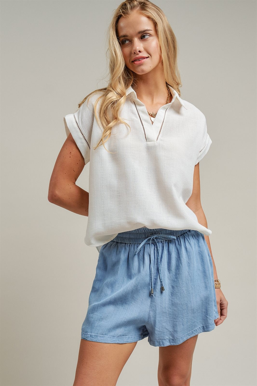 Linen Look Polo Collar Ladder Trim Short Sleeve Top in White - Women's Blankets | Urban Daizy