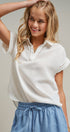 Linen Look Polo Collar Ladder Trim Short Sleeve Top in White - Women's Blankets | Urban Daizy