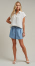Linen Look Polo Collar Ladder Trim Short Sleeve Top in White - Women's Blankets | Urban Daizy