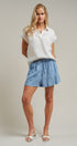 Linen Look Polo Collar Ladder Trim Short Sleeve Top in White - Women's Blankets | Urban Daizy