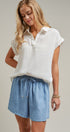 Linen Look Polo Collar Ladder Trim Short Sleeve Top in White - Women's Blankets | Urban Daizy
