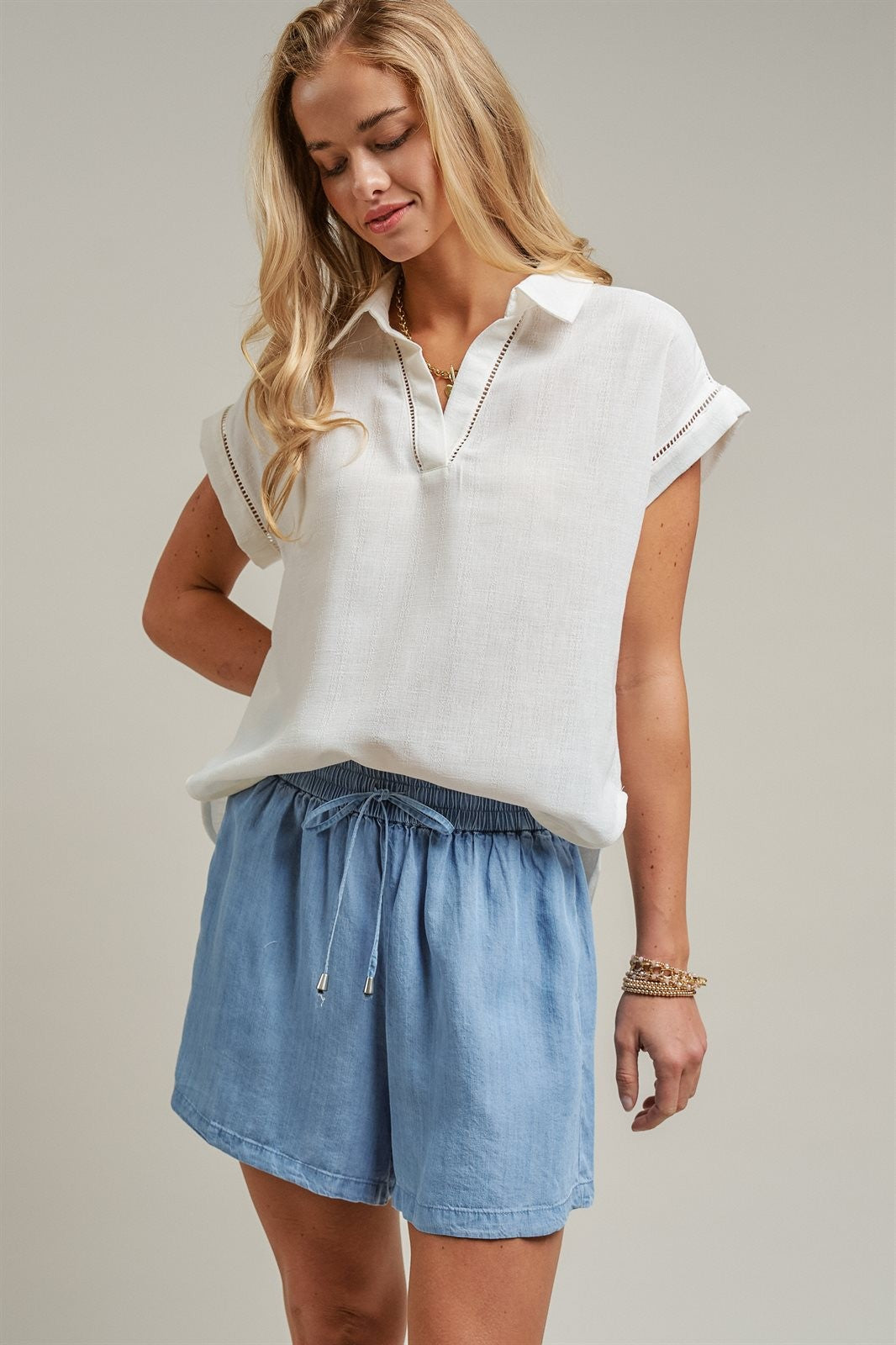 Linen Look Polo Collar Ladder Trim Short Sleeve Top in White - Women's Blankets | Urban Daizy