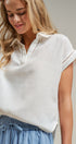Linen Look Polo Collar Ladder Trim Short Sleeve Top in White - Women's Blankets | Urban Daizy