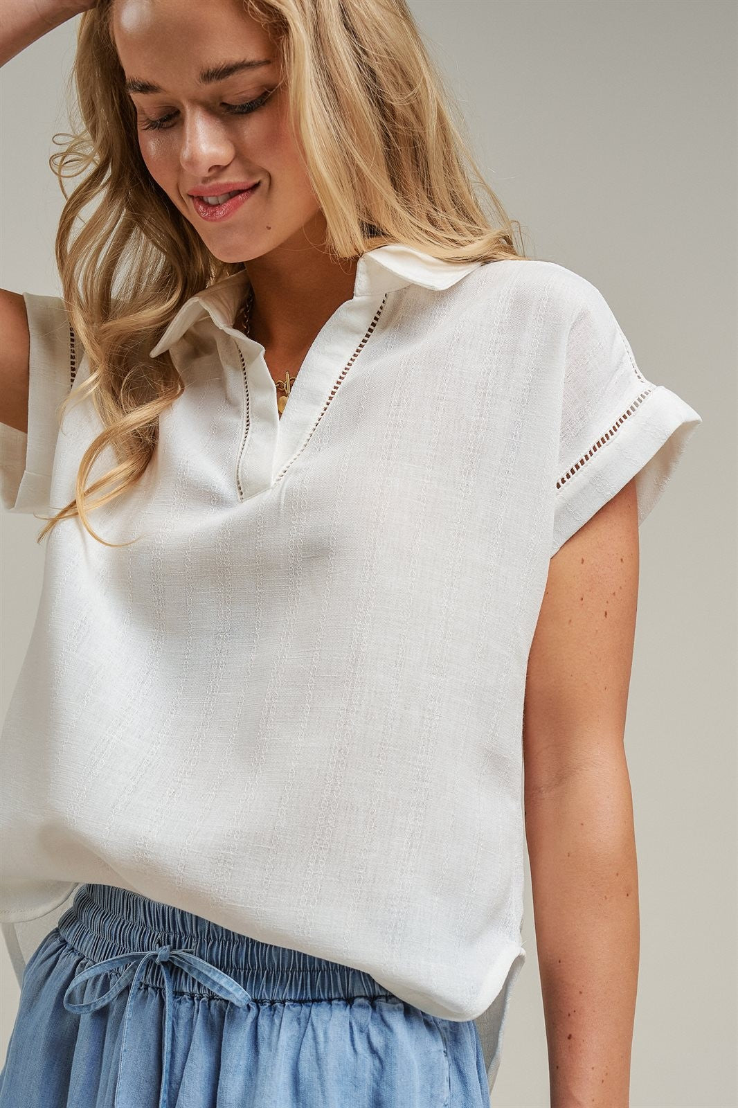 Linen Look Polo Collar Ladder Trim Short Sleeve Top in White - Women's Blankets | Urban Daizy