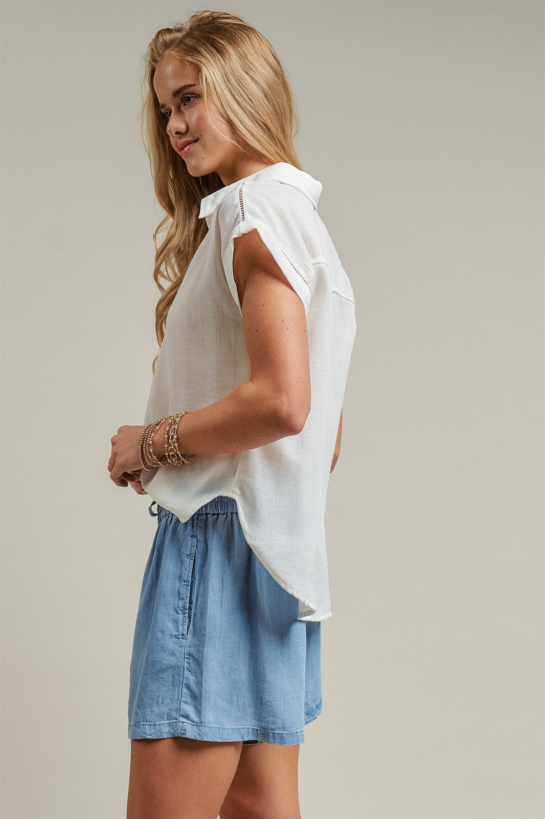 Linen Look Polo Collar Ladder Trim Short Sleeve Top in White - Women's Blankets | Urban Daizy