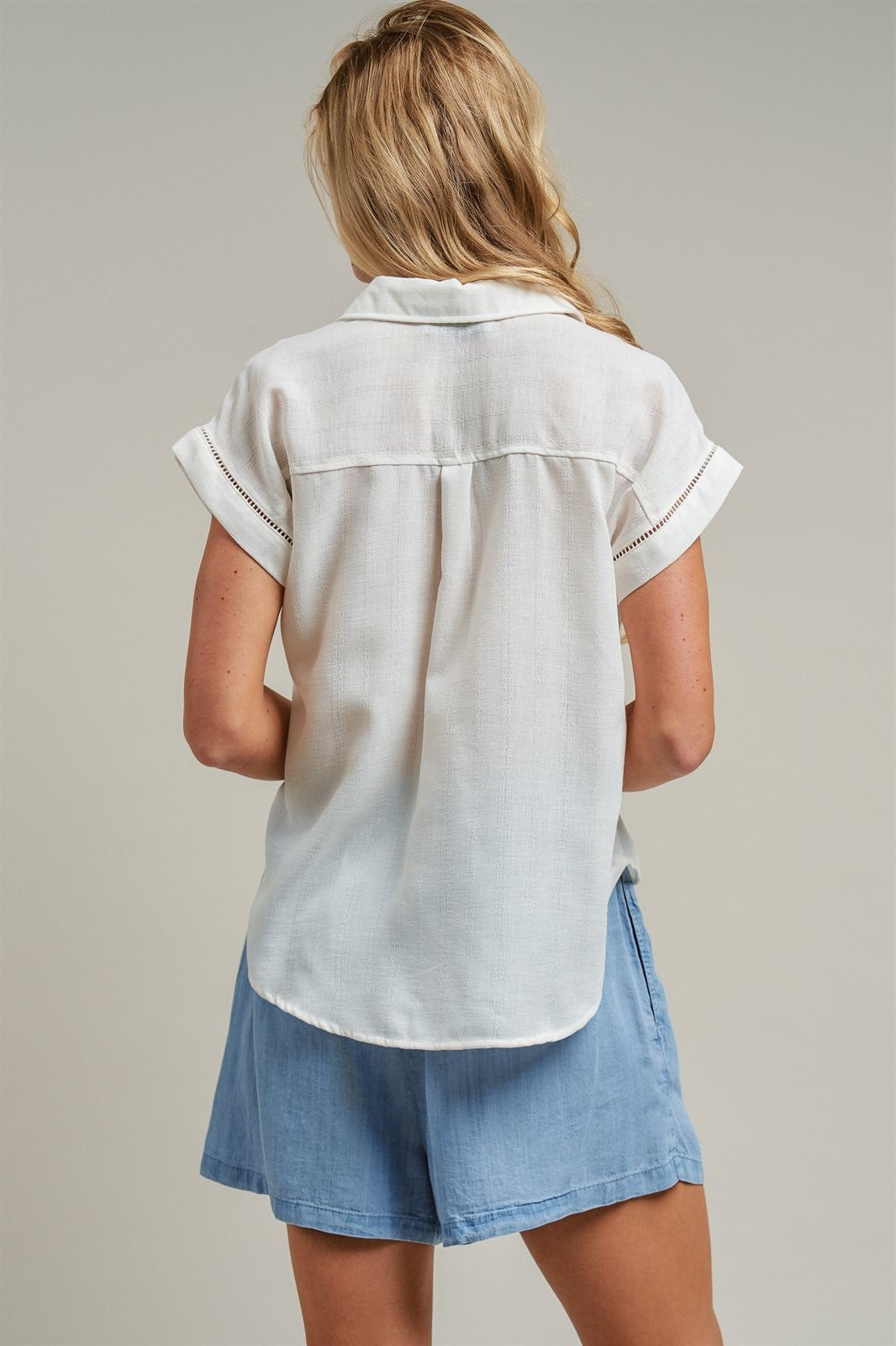 Linen Look Polo Collar Ladder Trim Short Sleeve Top in White - Women's Blankets | Urban Daizy