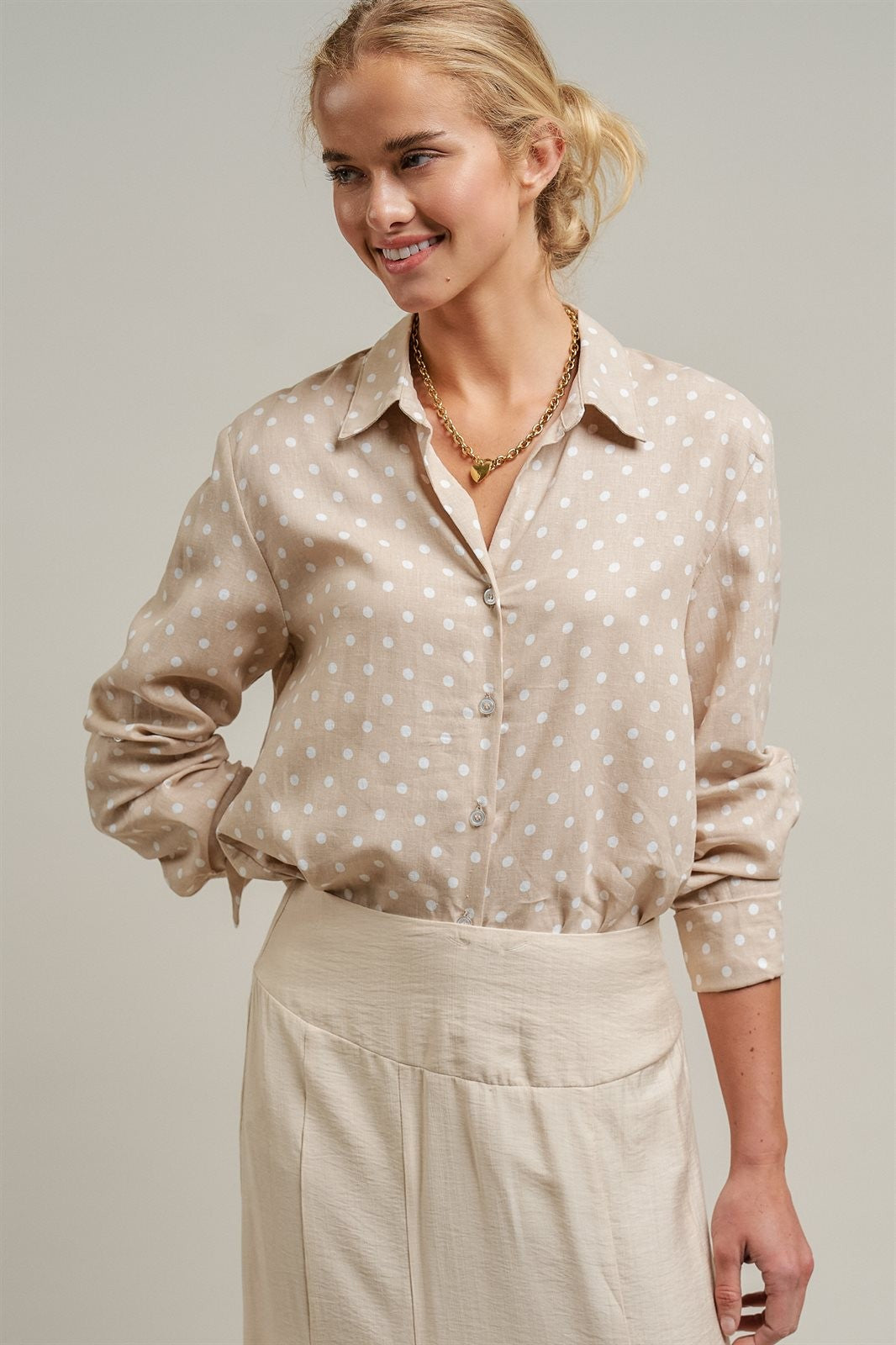 Polka Dot Linen Blend Button Up Shirt in Sand - Women's Blankets | Urban Daizy