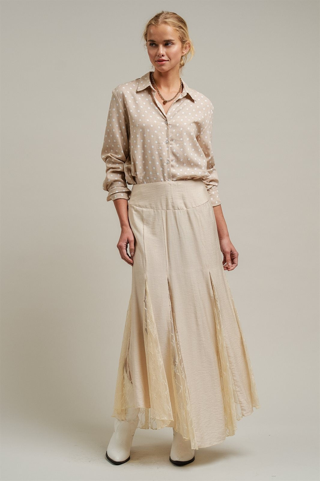 Polka Dot Linen Blend Button Up Shirt in Sand - Women's Blankets | Urban Daizy