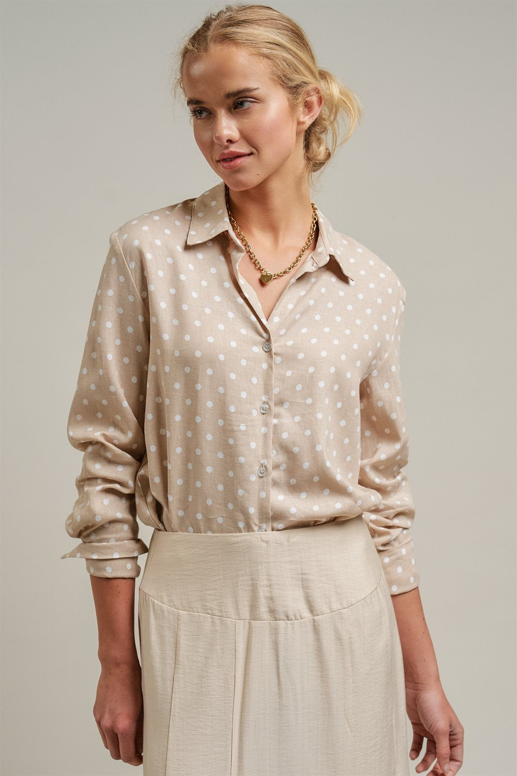 Polka Dot Linen Blend Button Up Shirt in Sand - Women's Blankets | Urban Daizy