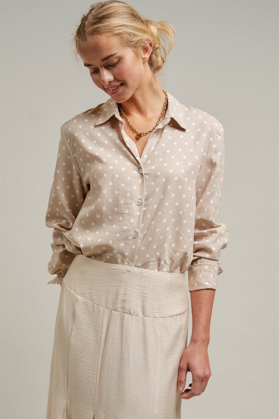 Polka Dot Linen Blend Button Up Shirt in Sand - Women's Blankets | Urban Daizy