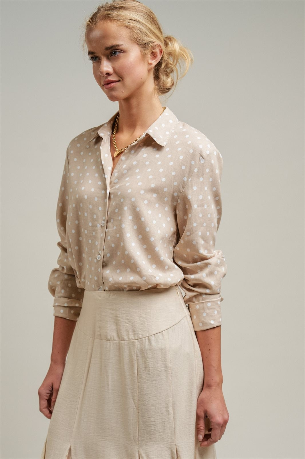 Polka Dot Linen Blend Button Up Shirt in Sand - Women's Blankets | Urban Daizy