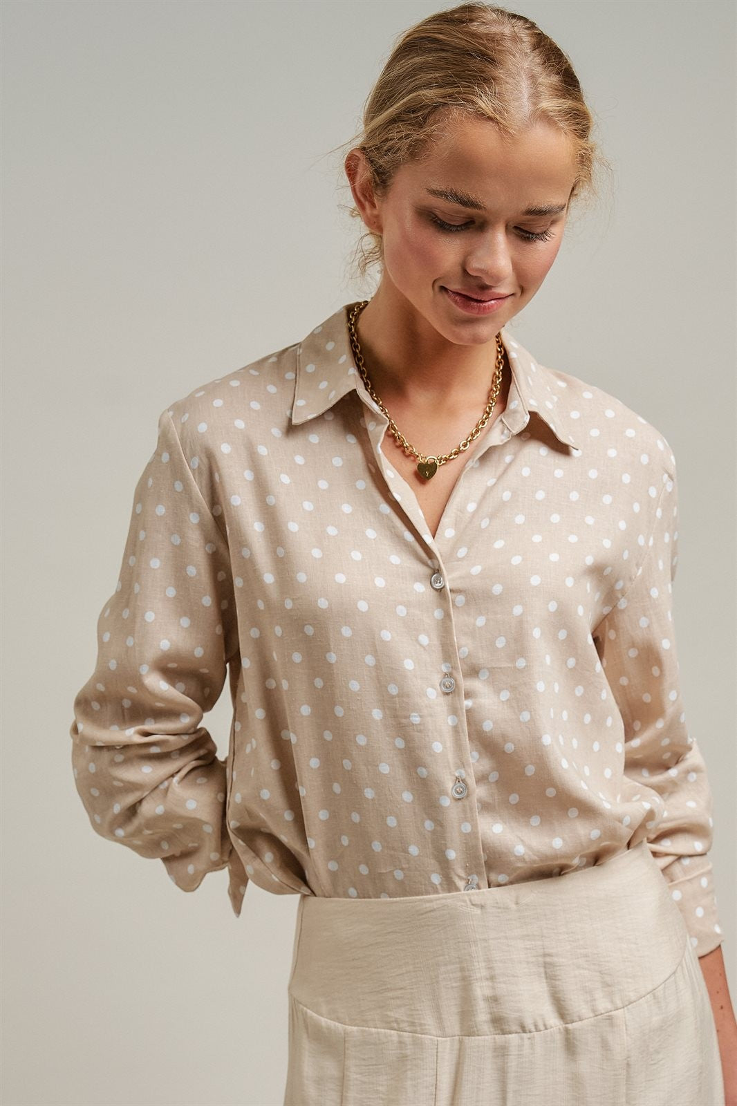 Polka Dot Linen Blend Button Up Shirt in Sand - Women's Blankets | Urban Daizy