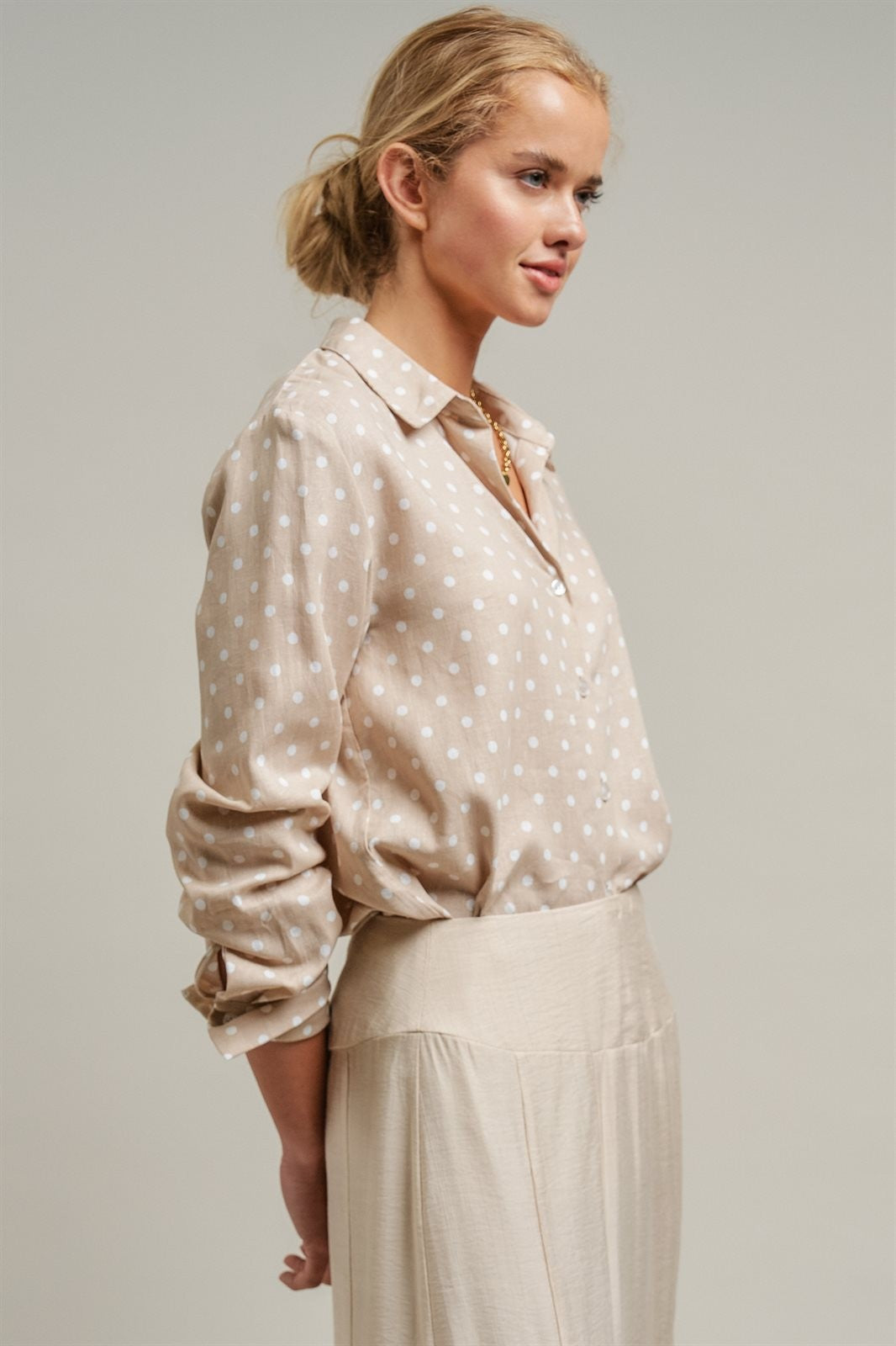 Polka Dot Linen Blend Button Up Shirt in Sand - Women's Blankets | Urban Daizy