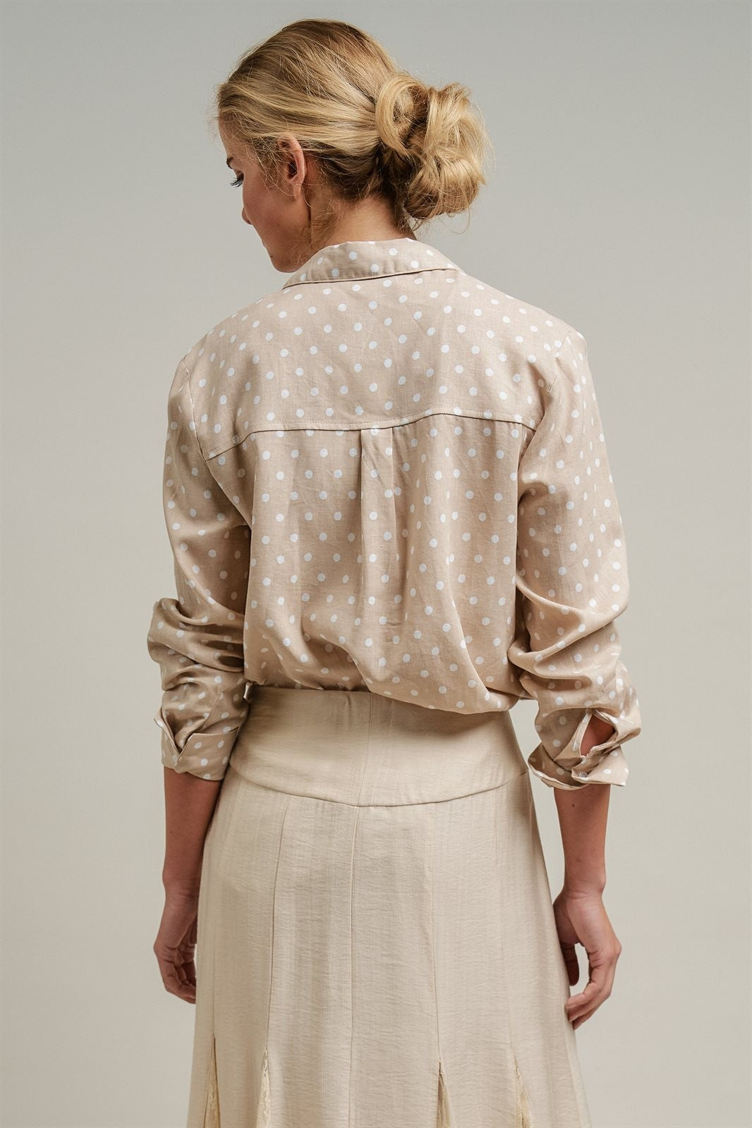 Polka Dot Linen Blend Button Up Shirt in Sand - Women's Blankets | Urban Daizy