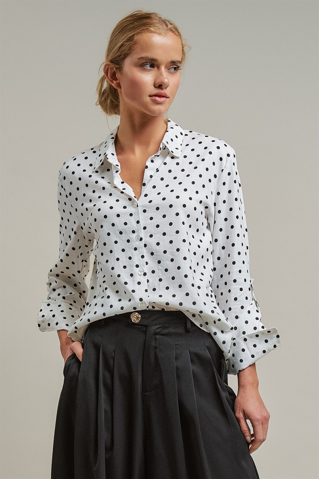 Polka Dot Linen Blend Button Up Shirt in White - Women's Blankets | Urban Daizy