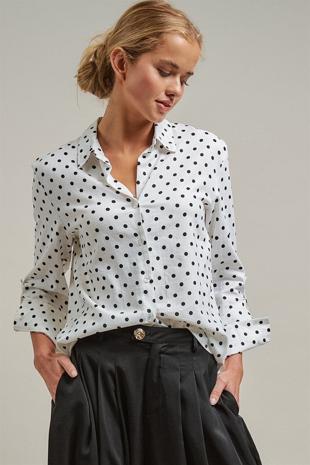 Polka Dot Linen Blend Button Up Shirt in White - Women's Blankets | Urban Daizy